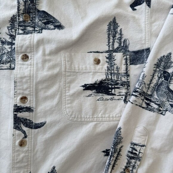 Vtg Eddie Bauer AOP Flannel Shirt Mens Large Wild Life Graphic Ivory Long Sleeve - Picture 4 of 13